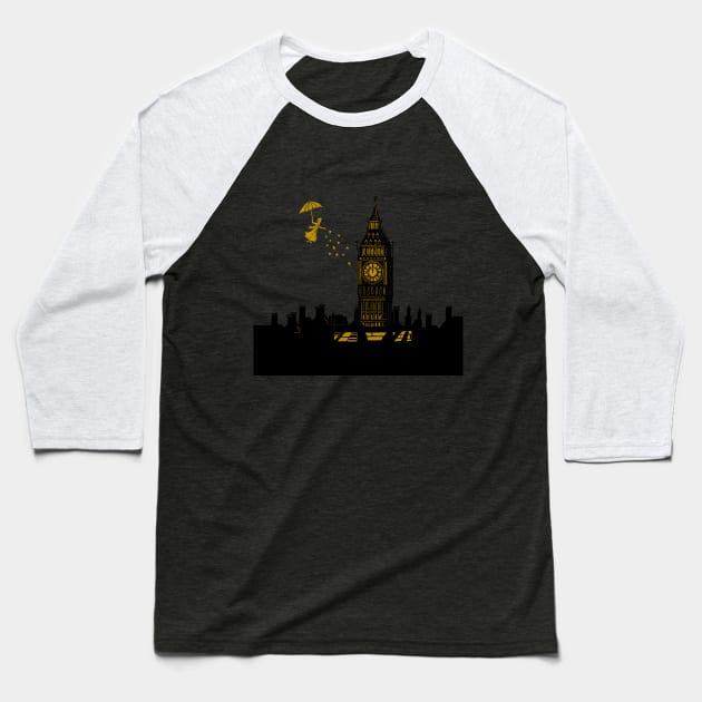 Mary Poppins and Big Ben Linocut Print in black, blue and gold Baseball T-Shirt by Maddybennettart